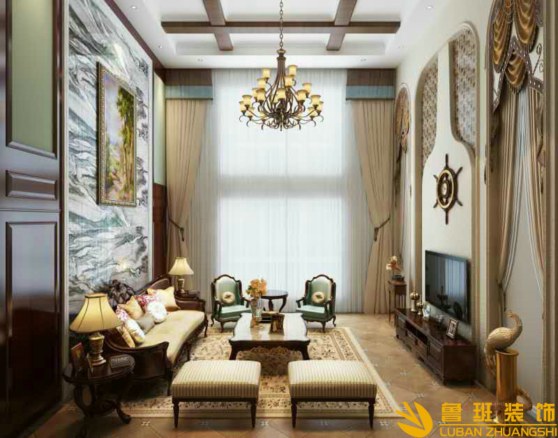 泰達風景240㎡躍層裝修設(shè)計客廳2