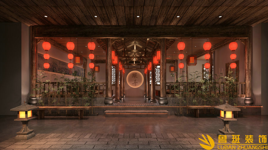 琛斗373平新中式餐飲設(shè)計(jì)裝修門頭大廳