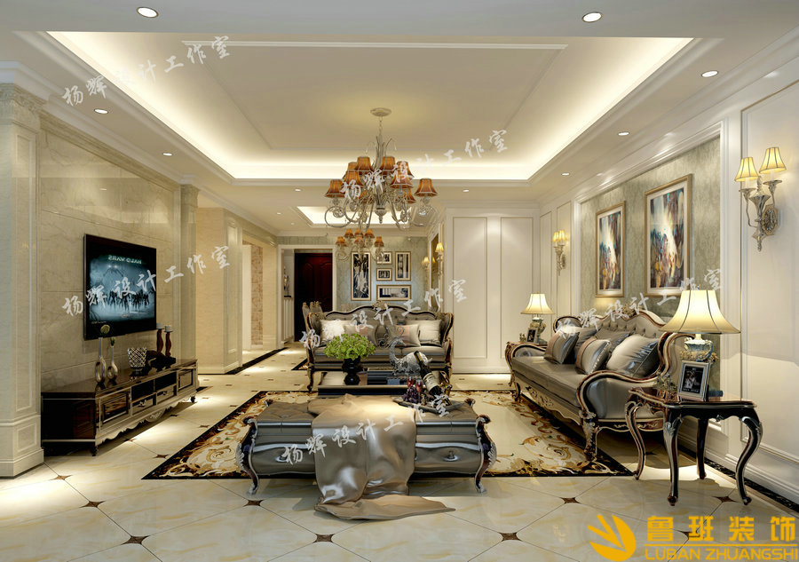 華僑城·東岸320平簡歐別墅設(shè)計(jì)裝修客廳