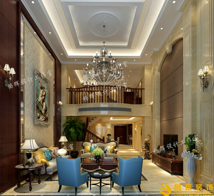 華僑城·東岸400平簡歐別墅設計裝修客廳