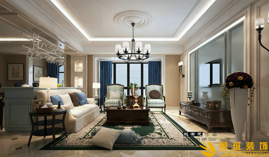 富豪新城200平美式頂躍設計裝修客廳
