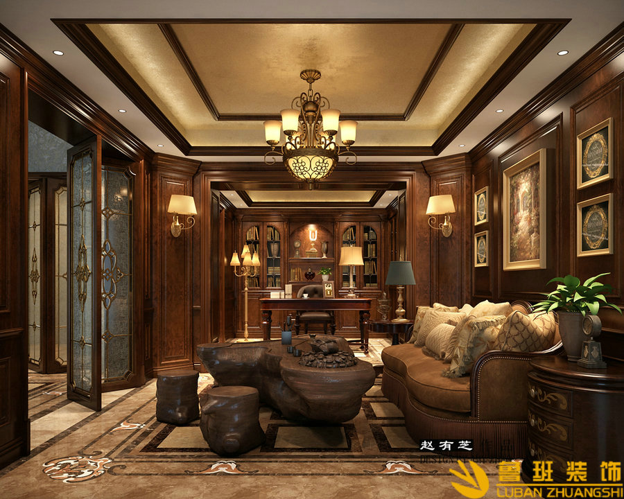 綠地錦天府400平古典歐美聯(lián)排別墅設計裝修茶室