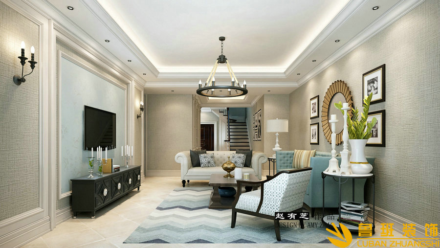 龍灣半島200平復式美式裝修設計客廳