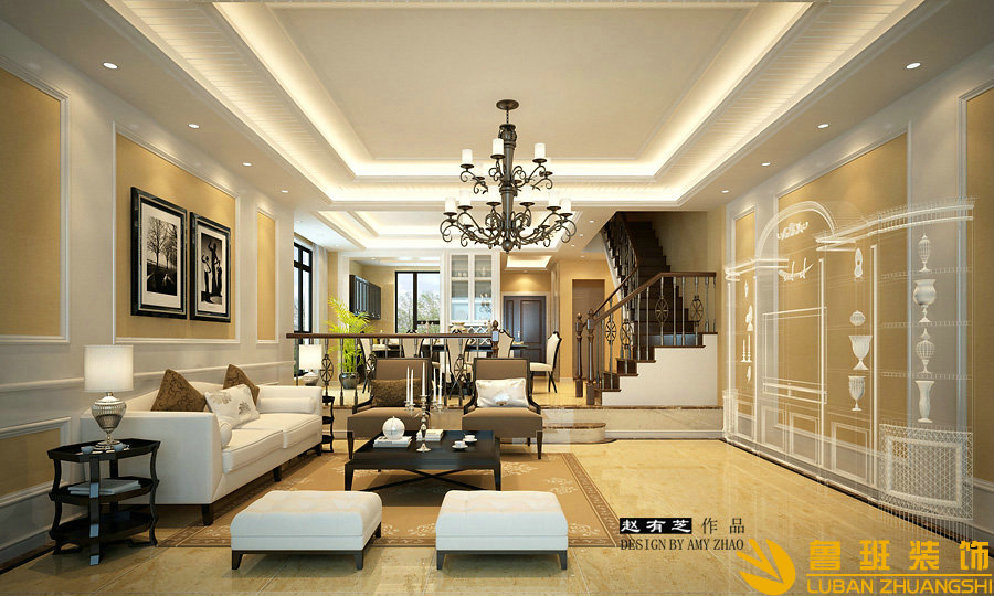 西郡英華280平別墅美式設(shè)計裝修客廳