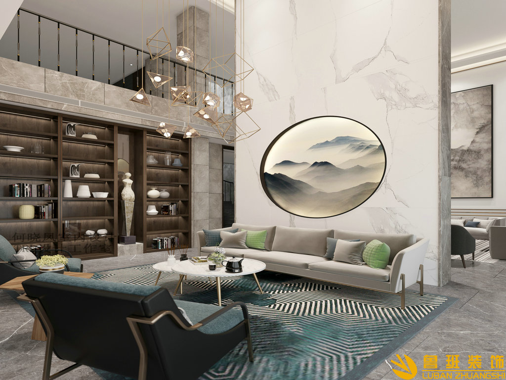 山水峨眉1400平大別墅裝修設(shè)計(jì)客廳2