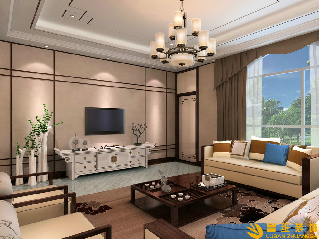 龍城一號235平新中式設計裝修客廳