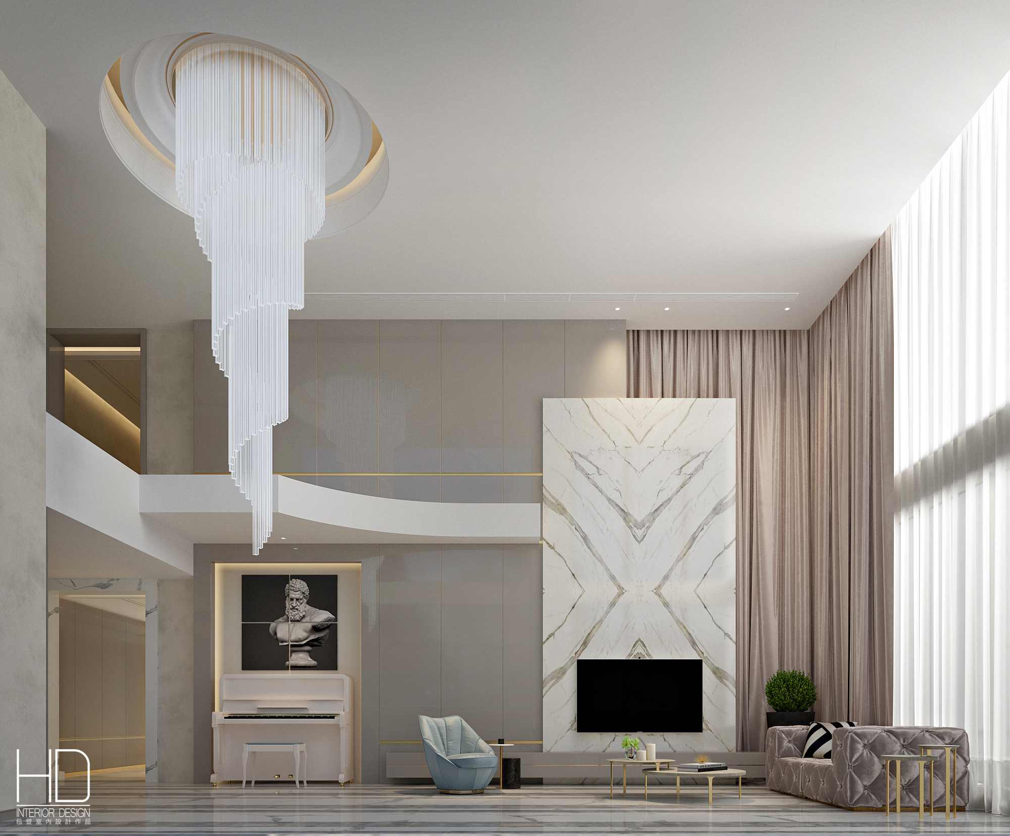 麓湖·麒麟薈躍層420㎡現(xiàn)代輕奢風(fēng)格客廳