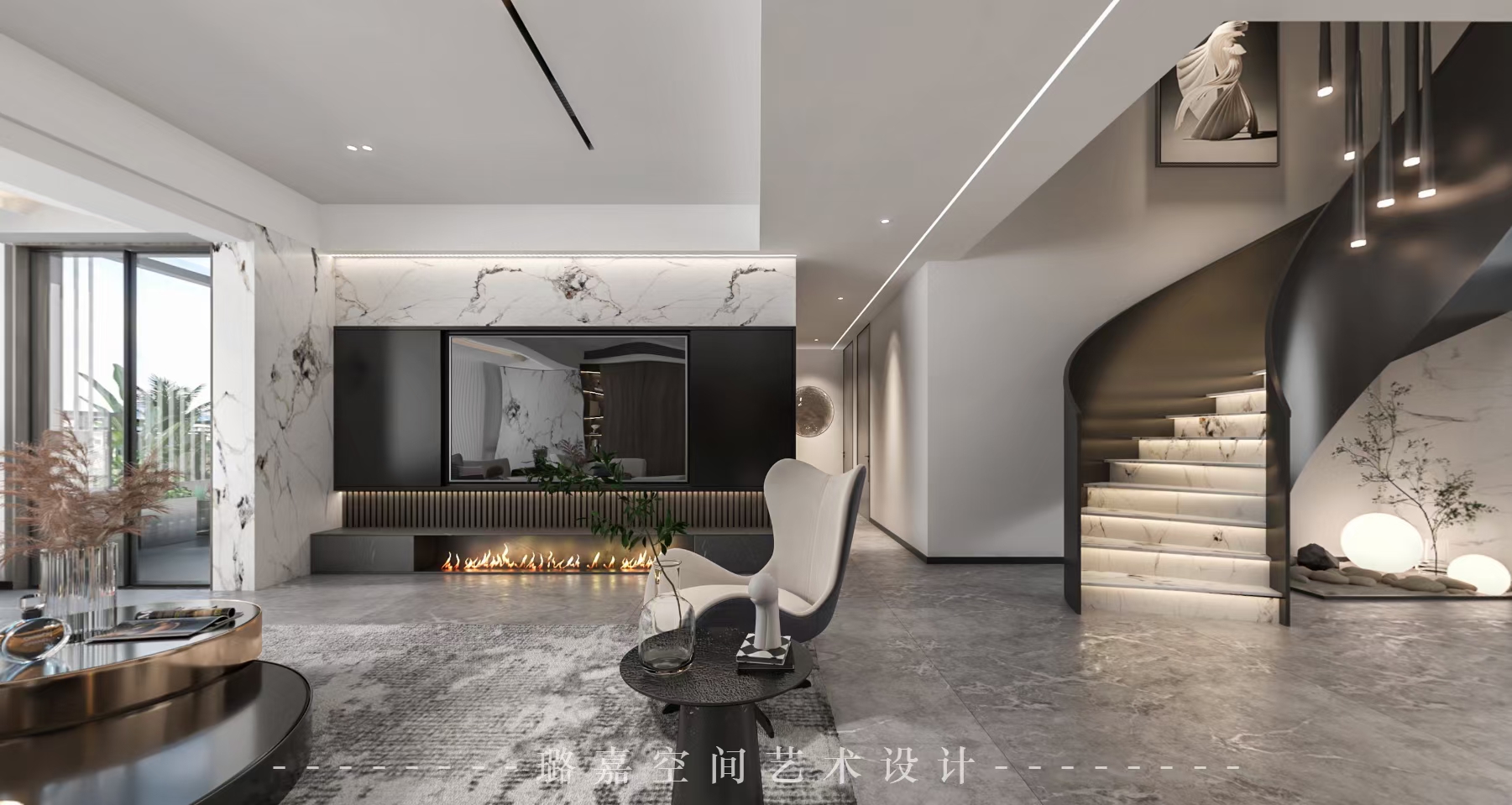 臥龍谷玖號260平躍層設計客廳全景