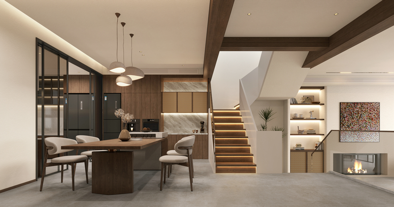 月映長灘300平別墅設計|自然詫寂廚房餐區